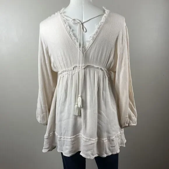 By Together Size Small Ivory western festival Boho Embroidery Mini Dress Tunic - Picture 6 of 12